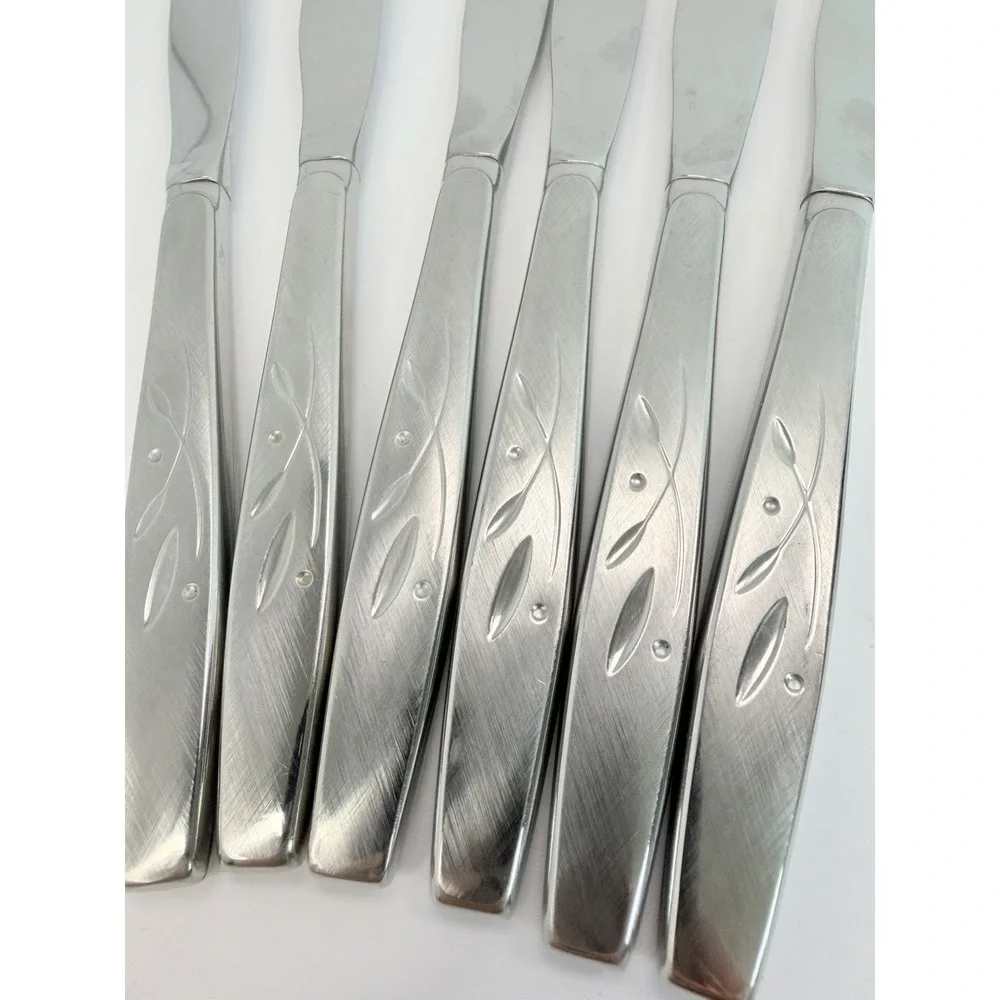 Set Of 6 Oneida Will O' Wisp Dinner Knives Burnished Heirloom Cube Knife 9-1/4 .